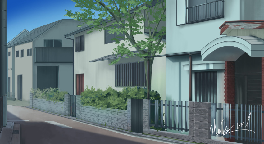 balcony, blue_sky, building, bush, commentary_request, door, fence, hakuurei_amano
