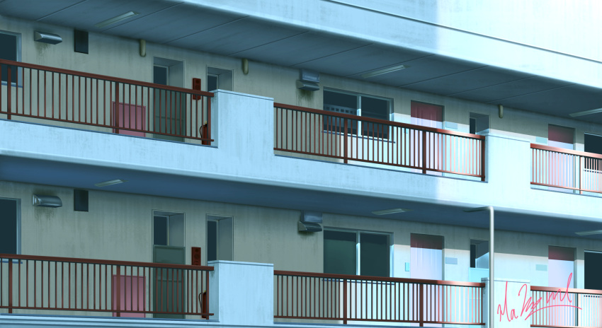apartment, blue_sky, building, commentary_request, day, door, fence, hakuurei_amano, highres, no_humans, original, outdoors, scenery, sky, watermark, window