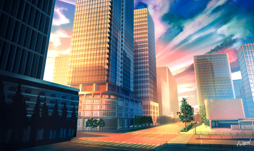 building, city, cityscape, clouds, commentary_request, crosswalk, fence, hakuurei_amano