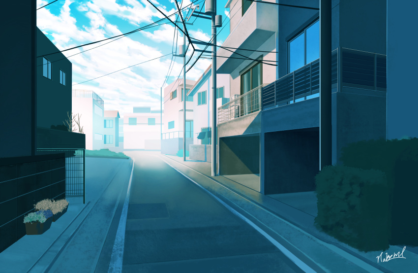 blue_sky, blue_theme, building, bush, clouds, cloudy_sky, commentary_request, hakuurei_amano