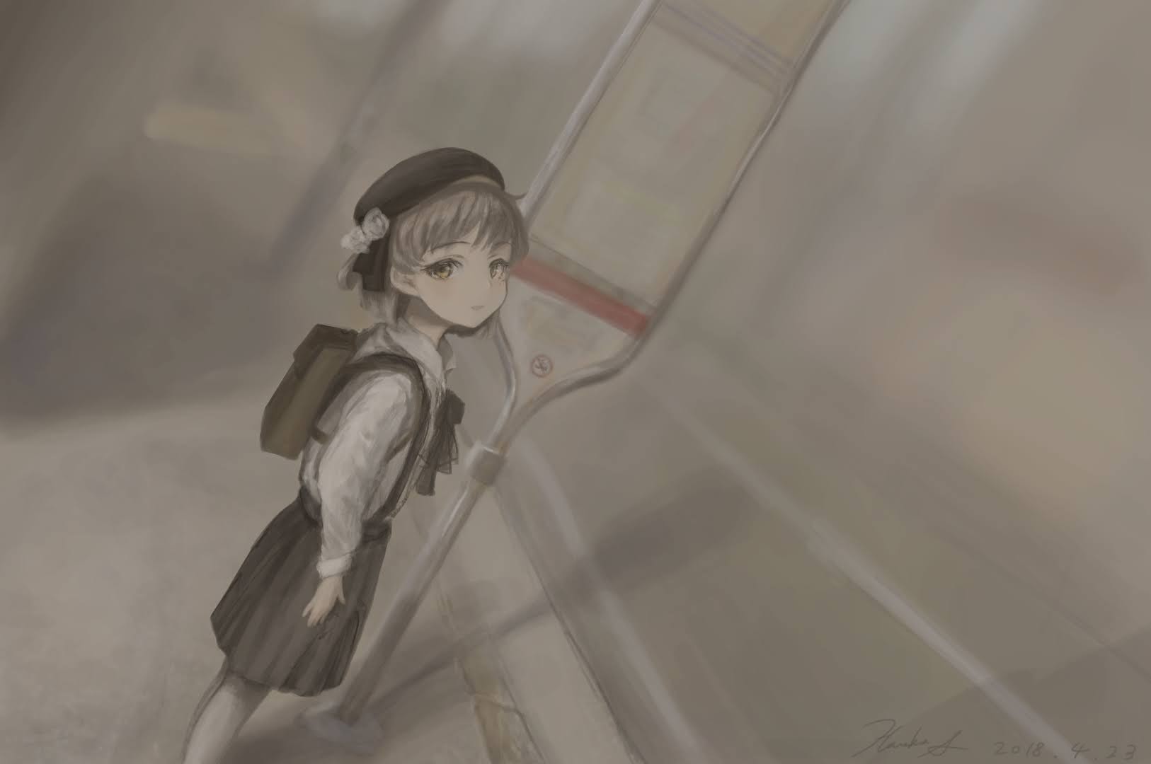 1girl, backpack, bag, bangs, beret, black_headwear, black_skirt, blurry