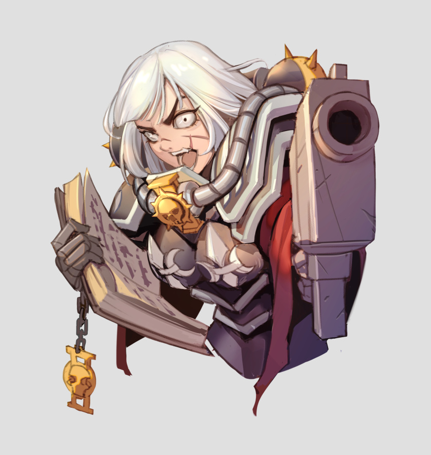 1girl, adepta_sororitas, aiming_at_viewer, armor, bangs, bible, black_eyes, bob_cut