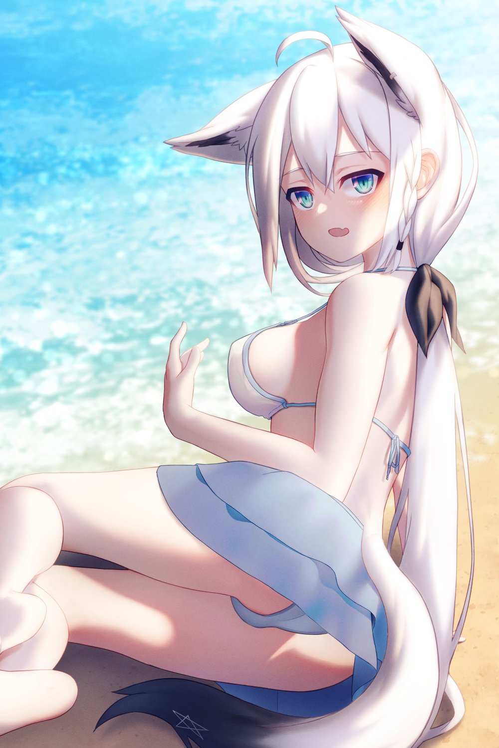 1girl, ahoge, animal_ear_fluff, animal_ears, bangs, beach, bikini, bikini_skirt