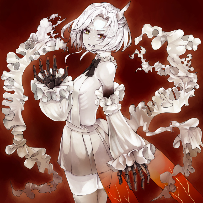 1girl, abyssal_jade_princess, asymmetrical_horns, bangs, black_bow, black_bowtie, black_skin, bow, bowtie, breasts, clenched_teeth, colored_skin, detached_sleeves, dress, frilled_sleeves, frills, gradient_skin, highres, horns, kantai_collection, kurou_(bcrow), pale_skin, red_background, ribs, short_hair, simple_background, skeletal_hand, sleeveless, sleeveless_dress, small_breasts, solo, teeth, thigh-highs, white_dress, white_hair, white_skin, yellow_eyes