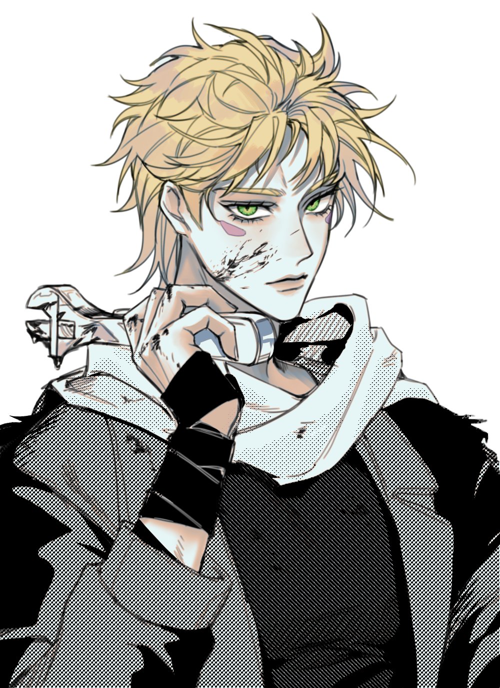 1boy, battle_tendency, blonde_hair, blood, blood_on_face, caesar_anthonio_zeppeli, facial_mark, fingerless_gloves