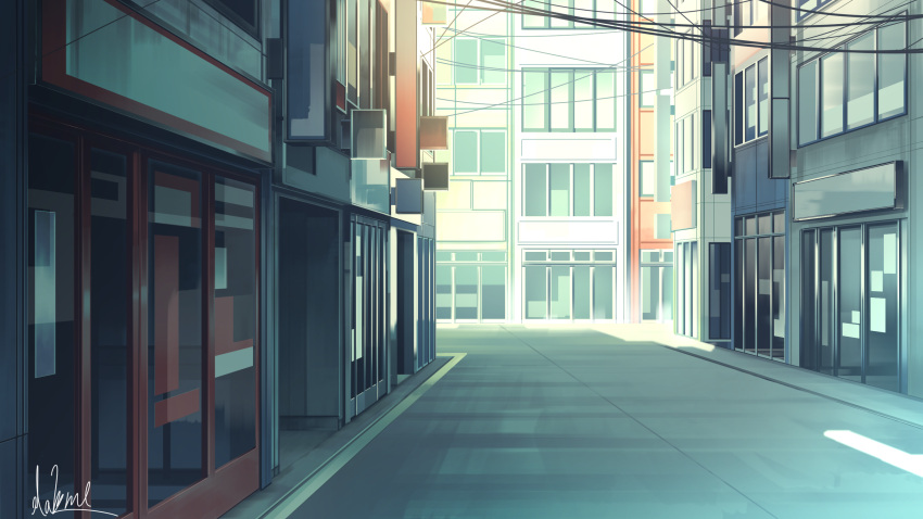building, city, cityscape, commentary_request, hakuurei_amano, highres, no_humans, original, outdoors, power_lines, road, scenery