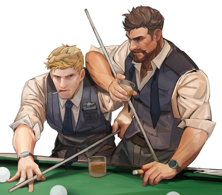 2boys, ball, beard, billiard_ball, black_hair, blonde_hair, blue_vest, cigarette