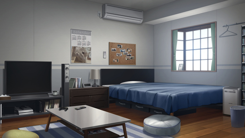 air_conditioner, alarm_clock, bed, bedroom, book, calendar_(object), clock, commentary_request