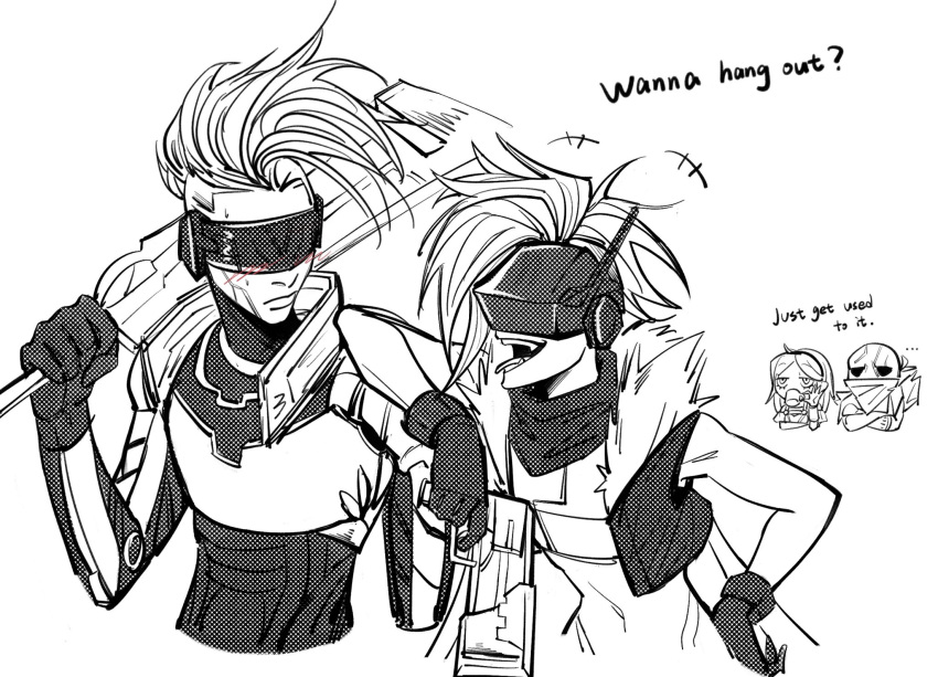 2boys, 2girls, android, bald, bangs, d_(xxl30433461), drinking, ekko_(league_of_legends)