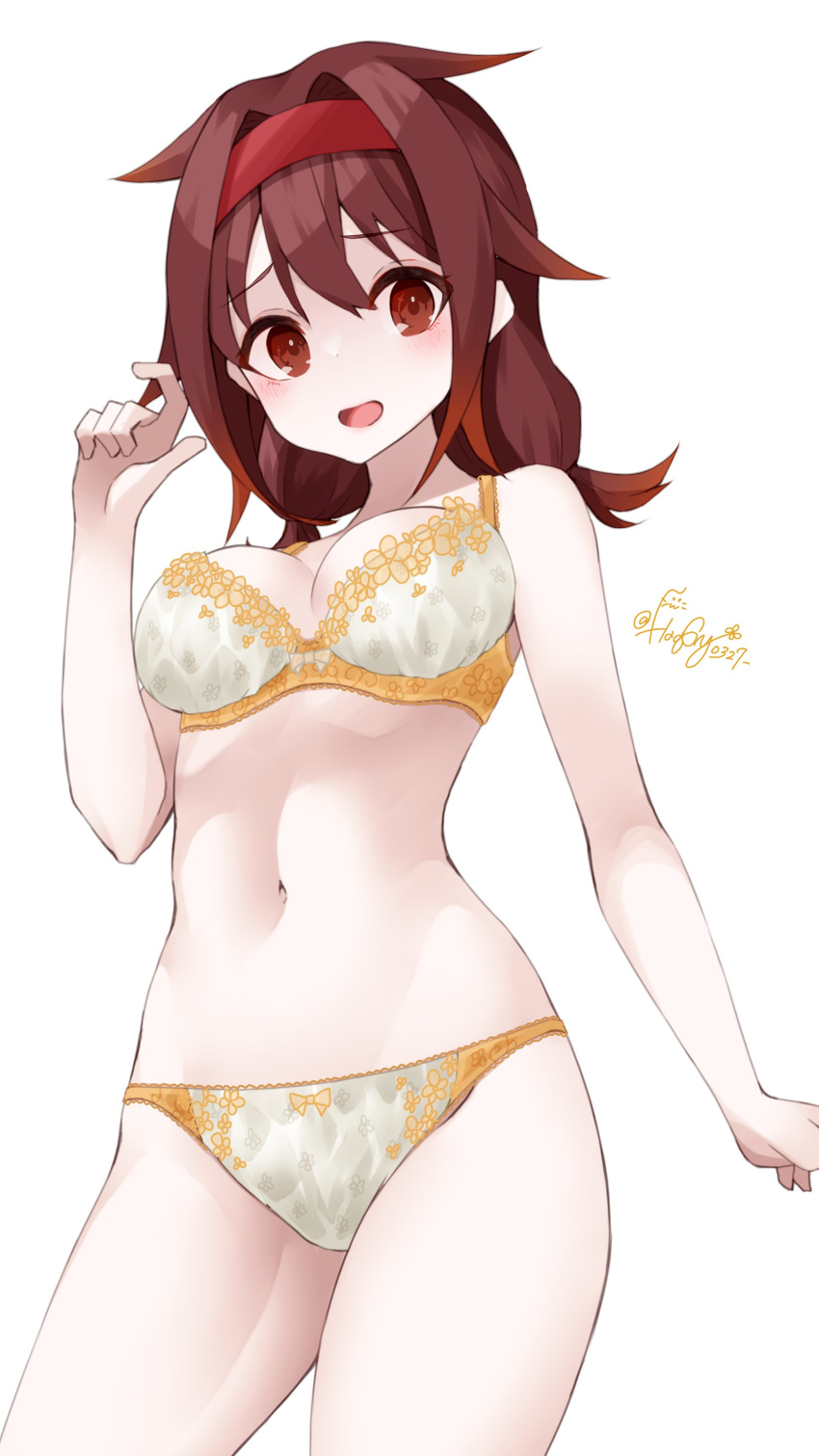 1girl, absurdres, bra, breasts, brown_eyes, brown_hair, cowboy_shot, frilled_bra