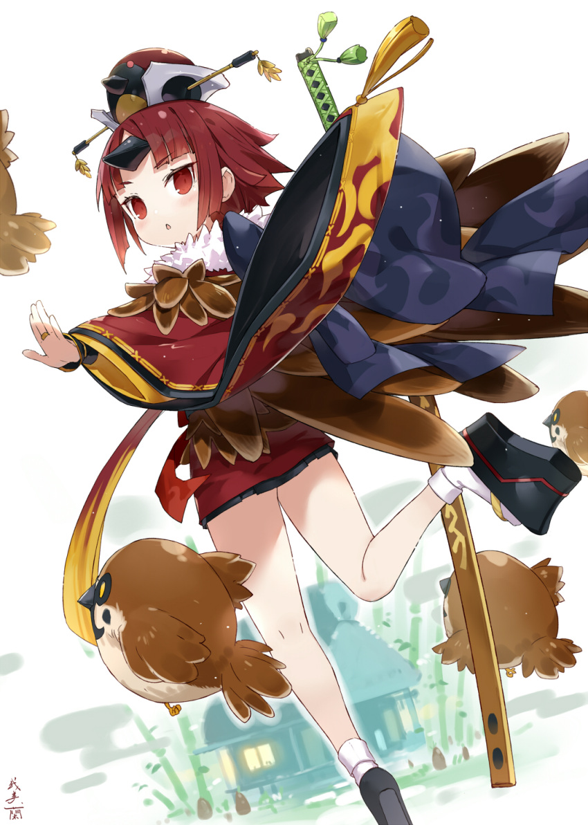 1girl, apron, bangs, benienma_(fate), bird, bird_hat, blush, breasts