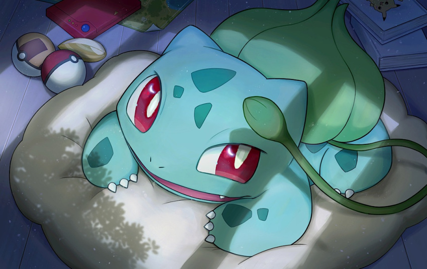 aka_tadaima, book, bright_pupils, bulbasaur, claws, commentary_request, cushion, fang