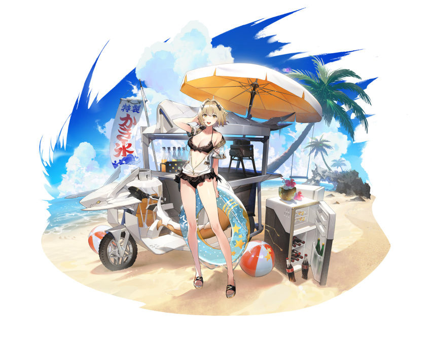 1girl, :d, alchemy_stars, ball, beach, beachball, bikini, bikini_skirt, black_bikini, blonde_hair, coca-cola, cumulonimbus_cloud, day, hair_intakes, hand_up, highres, innertube, jacket, looking_at_viewer, medium_hair, minifridge, navel, official_art, open_clothes, open_jacket, outdoors, palm_tree, parasol, ryota-h, short_sleeves, smile, solo, swimsuit, tree, umbrella