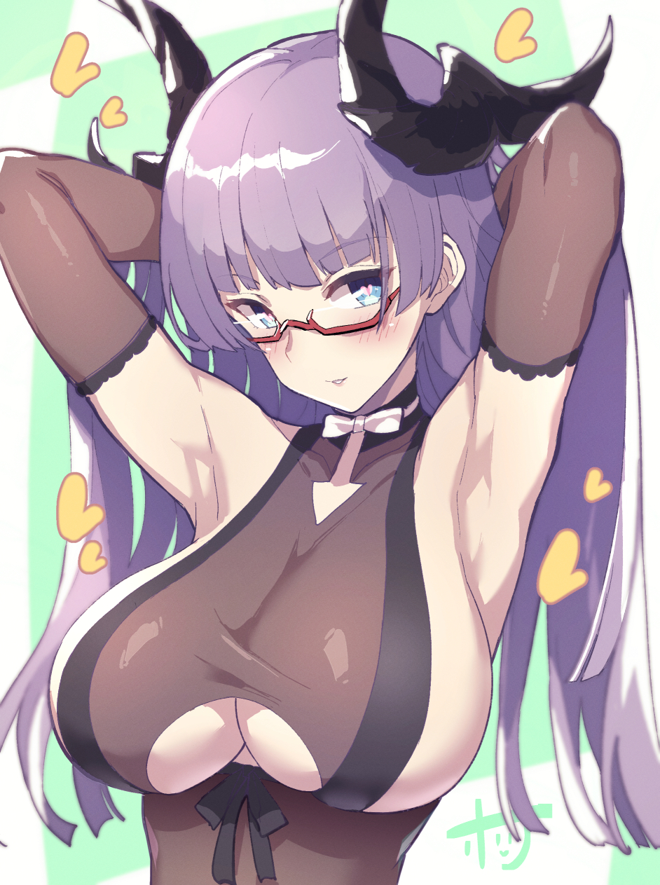 1girl, arms_up, azur_lane, blue_eyes, breasts, brown_leotard, clothing_cutout, curled_horns