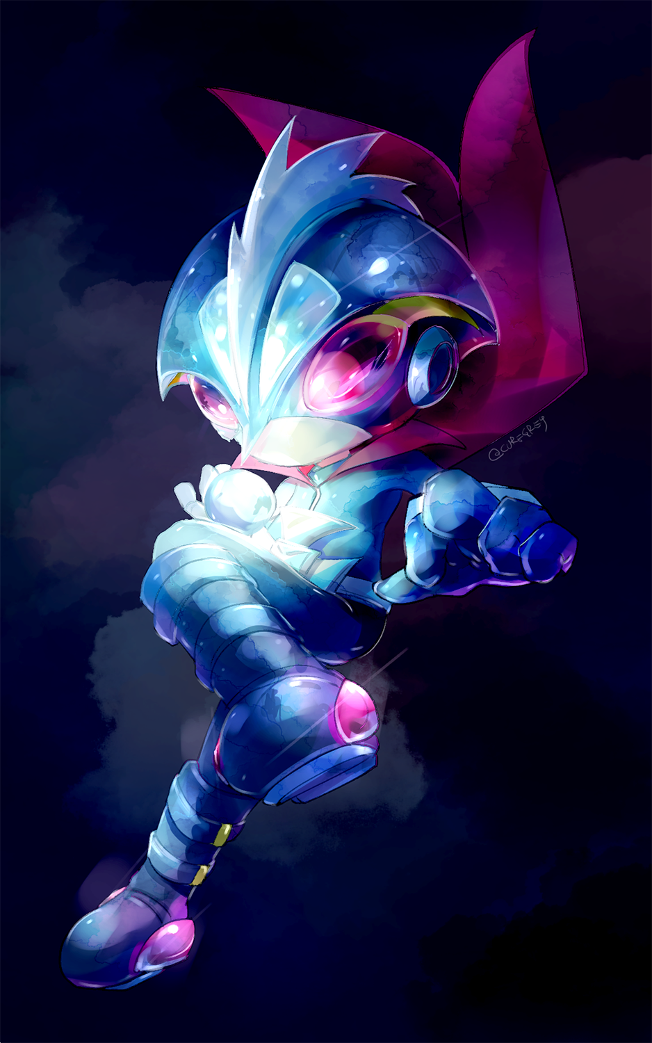 1boy, artist_name, belt, blue_background, blue_footwear, blue_gloves, blue_pants, blue_shirt