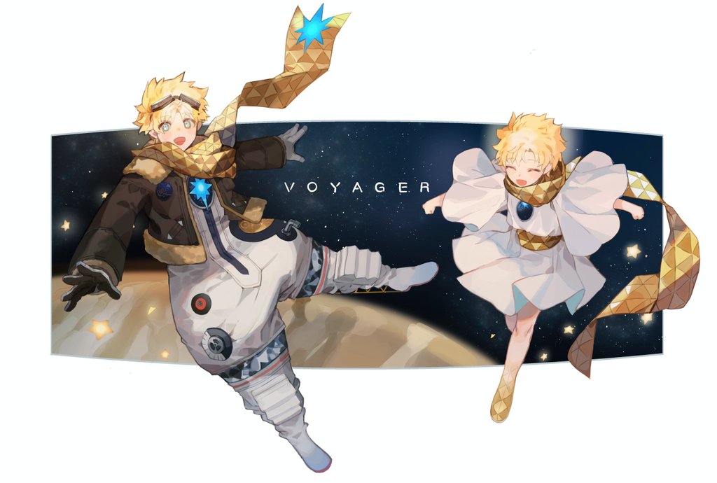 2boys, ^_^, ^o^, background_text, baggy_clothes, bangs, blonde_hair, blue_eyes