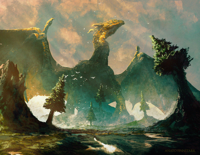 anato_finnstark, clouds, cloudy_sky, commentary, day, dragon, english_commentary, flock