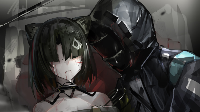 1girl, 1other, animal_ears, arknights, bare_shoulders, binggong_asylum, black_choker, black_hair