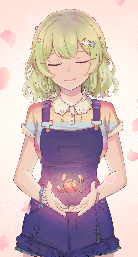 1girl, bead_bracelet, beads, blue_overalls, bracelet, breasts, bunny_hair_ornament, closed_eyes, collared_shirt, english_commentary, flower, green_hair, hair_ornament, head_tilt, ichika_maia, indie_virtual_youtuber, jewelry, medium_breasts, nebokeru, open_hands, overall_shorts, overalls, petals, pink_background, rainbow_print, shirt, short_hair, solo, virtual_youtuber