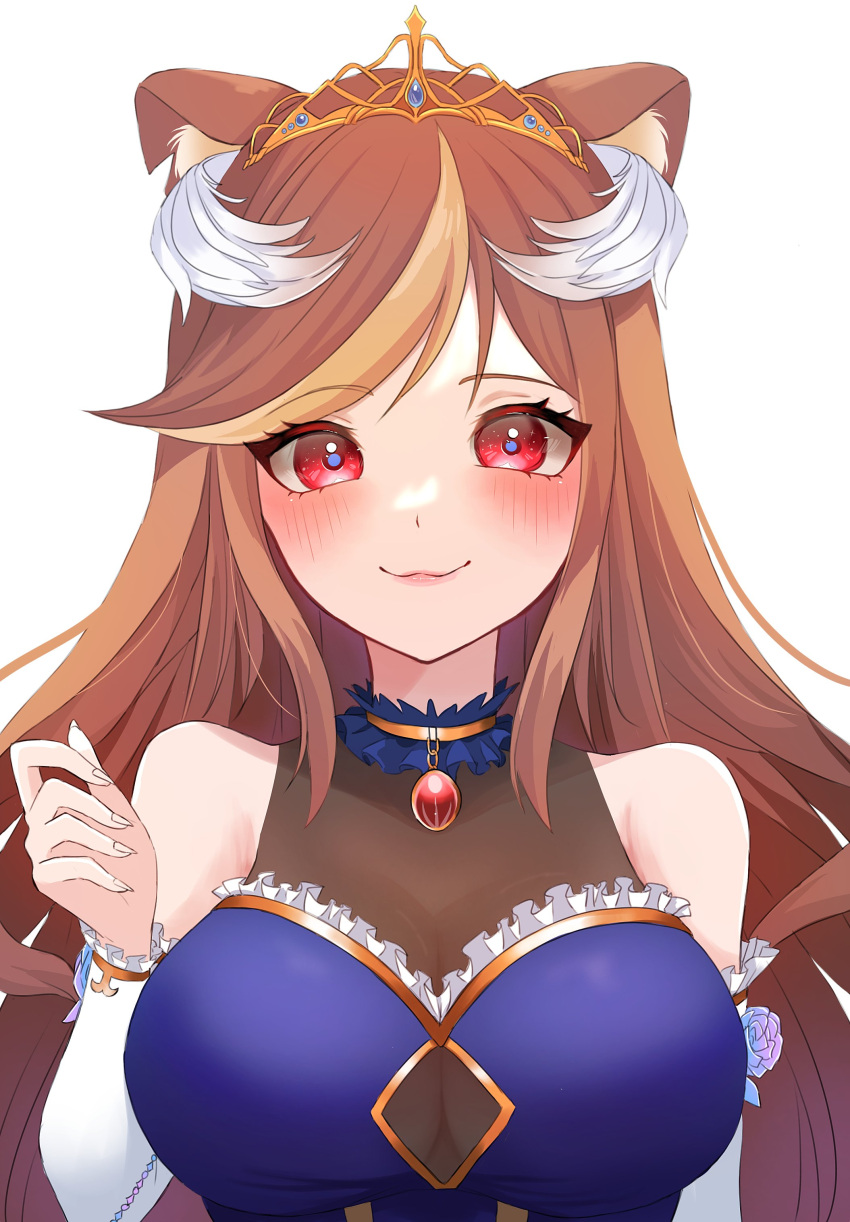 1girl, absurdres, animal_ears, blue_dress, blush, breasts, brown_hair, choker