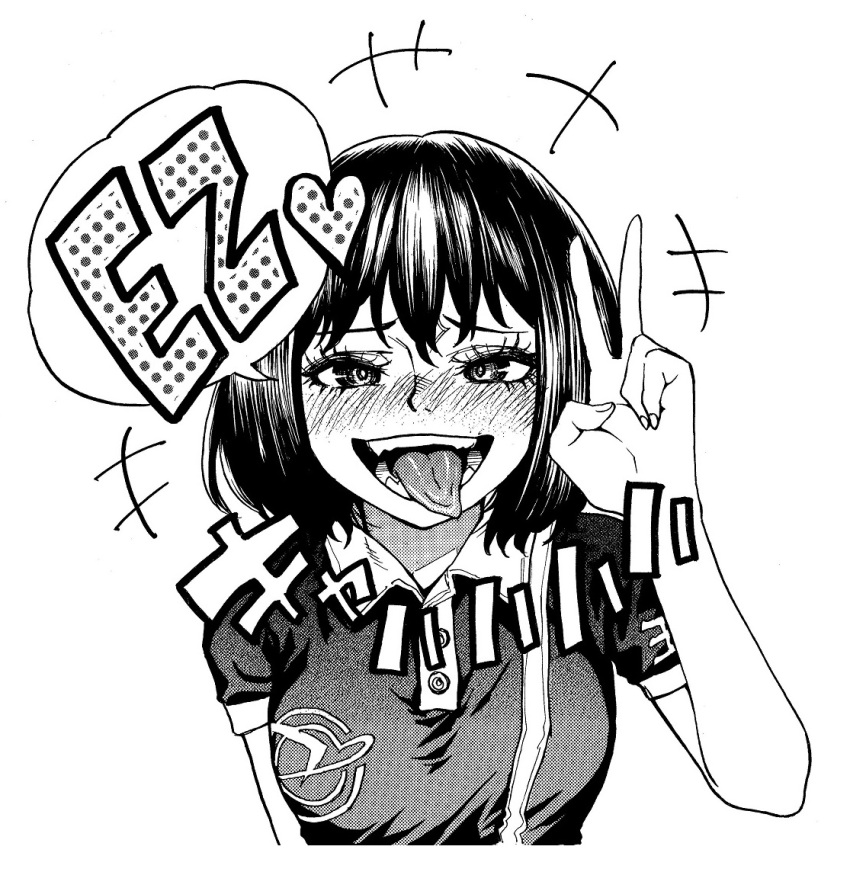 1girl, bangs, blush, breasts, commentary_request, dead_by_daylight, feng_min, greyscale