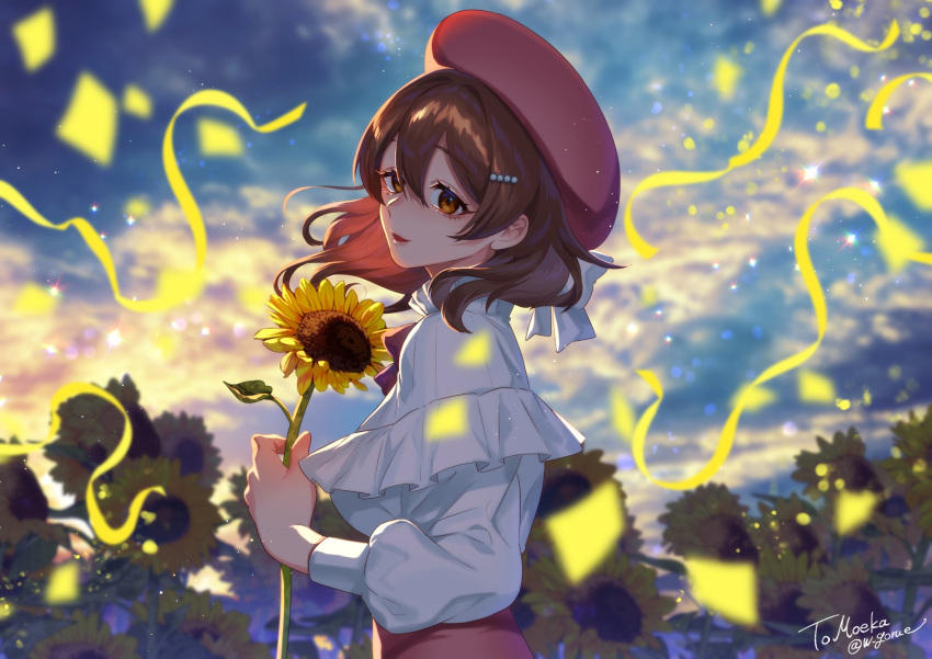 1girl, bangs, beret, breasts, brown_eyes, brown_hair, clouds, commission, confetti, flower, frilled_shirt, frills, goru_e, hair_behind_ear, hat, highres, holding, holding_flower, indie_virtual_youtuber, looking_at_viewer, medium_breasts, mega_moeka, pink_headwear, pink_skirt, shirt, skeb_commission, skirt, sky, smile, solo, sunflower, virtual_youtuber, white_shirt