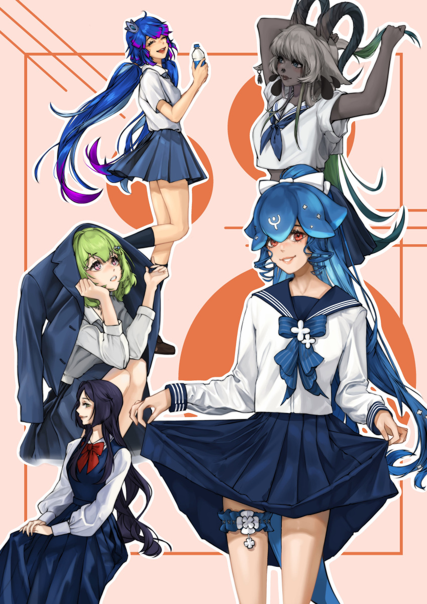 5girls, ^_^, absurdres, alternate_costume, asahina_chie, bao_(vtuber), black_footwear, black_hair