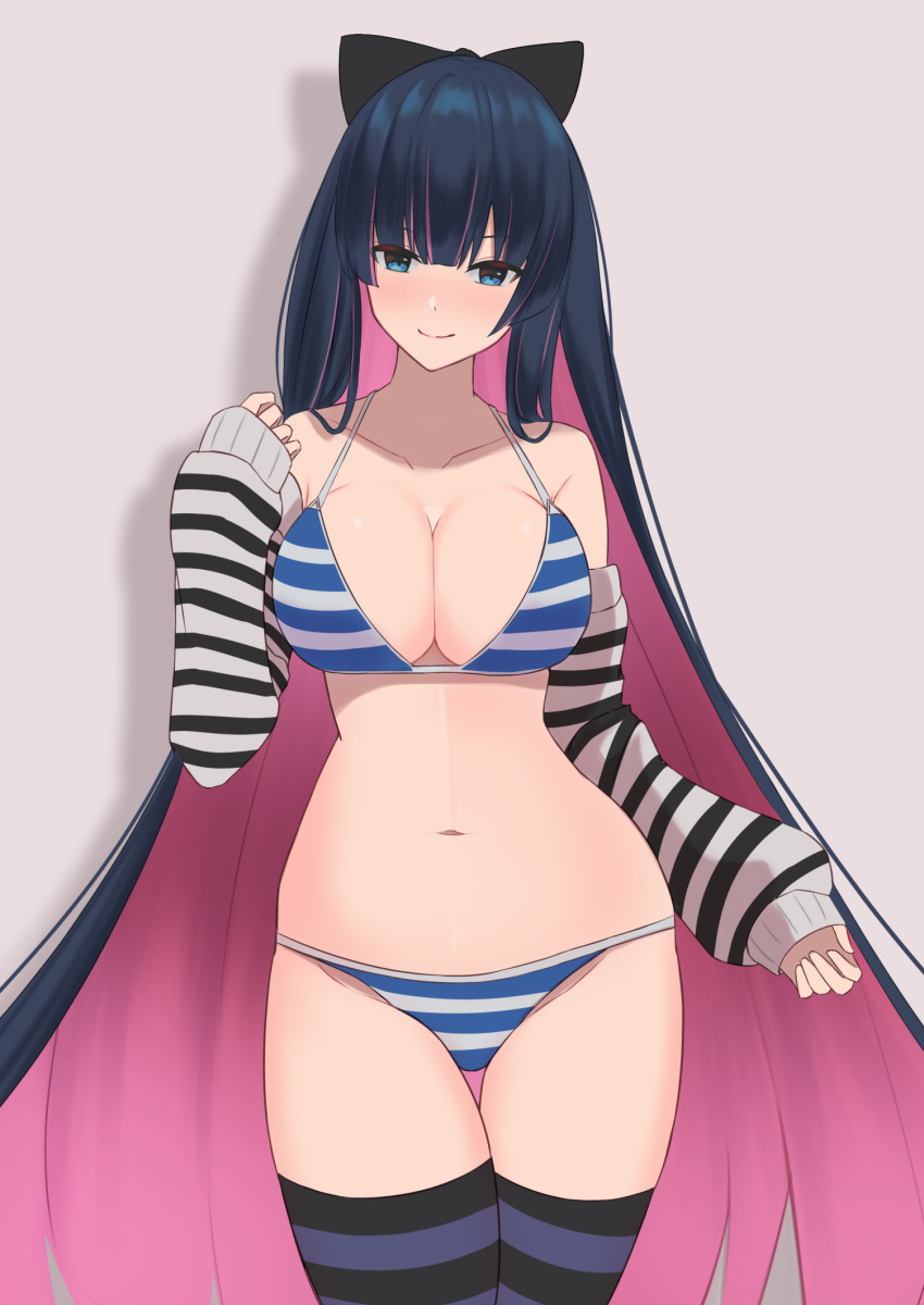 1girl, bangs, bare_shoulders, bikini, black_bow, black_legwear, blue_bikini, blue_eyes