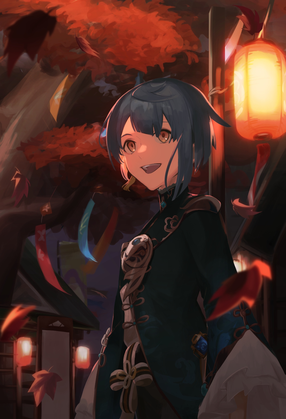 1boy, asymmetrical_bangs, autumn_leaves, bangs, blue_hair, commentary, earrings, english_commentary, frilled_sleeves, frills, genshin_impact, high_collar, highres, jewelry, kiaomiyouji, lantern, leaf, long_coat, long_sleeves, male_focus, medium_hair, mixed-language_commentary, open_mouth, outdoors, paper_lantern, single_earring, smile, solo, tassel, tassel_earrings, teeth, tree, upper_body, upper_teeth, vision_(genshin_impact), xingqiu_(genshin_impact), yellow_eyes
