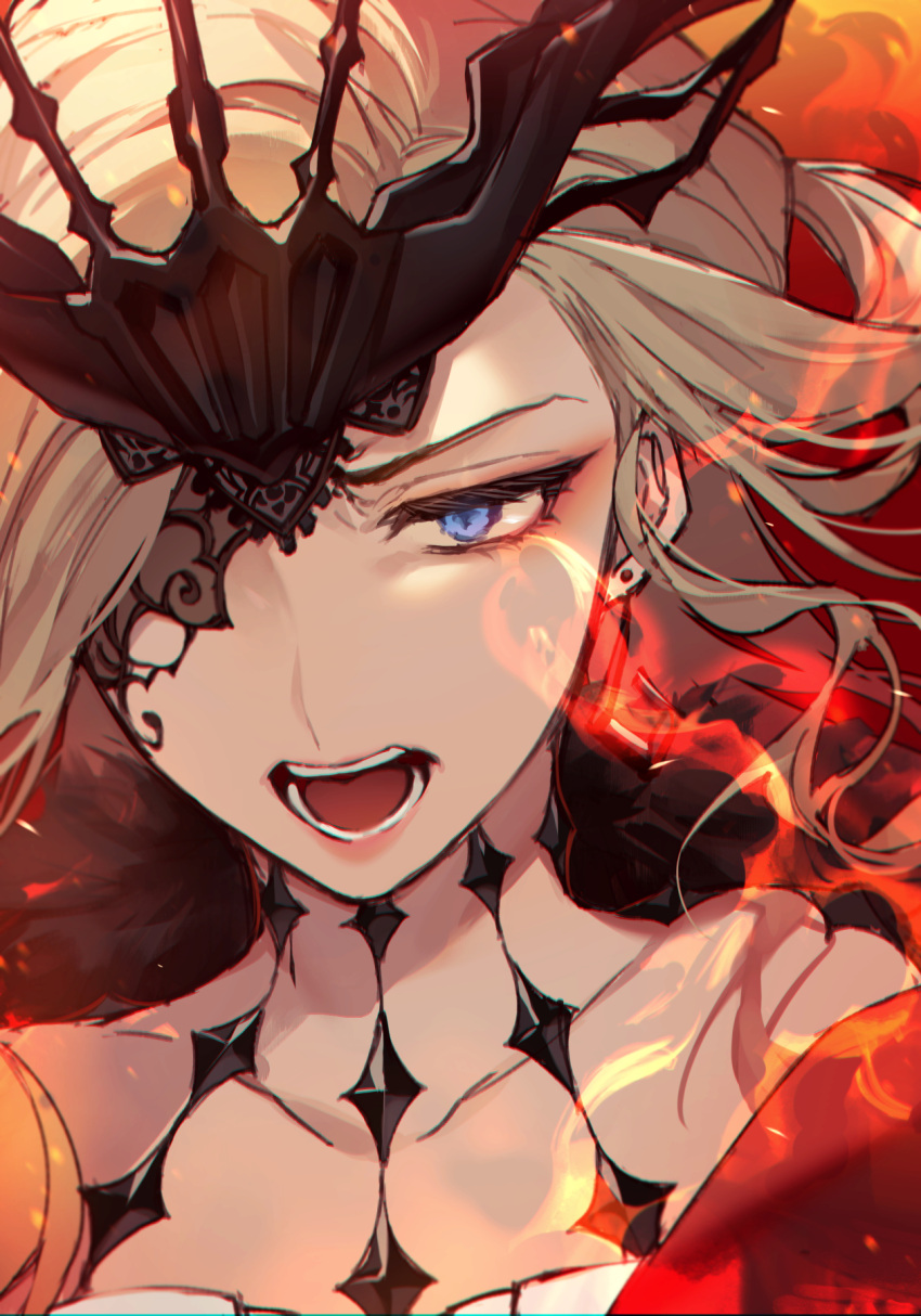 1girl, bare_shoulders, black_mask, blue_eyes, earrings, eye_mask, fire, genshin_impact
