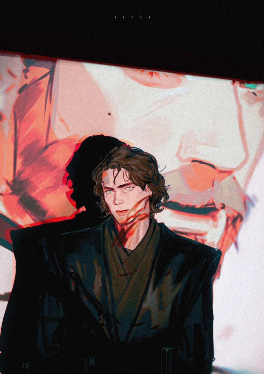02png, 2boys, anakin_skywalker, beard, black_robe, blue_eyes, expressionless, facial_hair, head_tilt, highres, jedi, looking_at_viewer, male_focus, multiple_boys, mustache, obi-wan_kenobi, parted_lips, star_wars, star_wars:_revenge_of_the_sith, upper_body, v-shaped_eyebrows