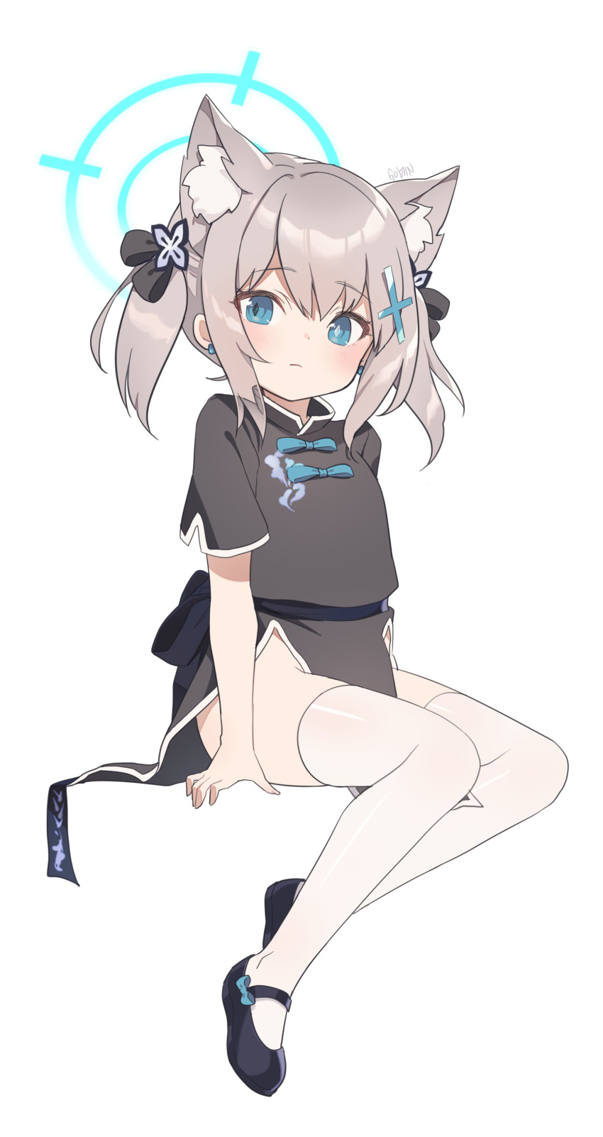 absurdres, alternate_hairstyle, animal_ear_fluff, animal_ears, bangs, black_dress, blue_archive, blue_eyes