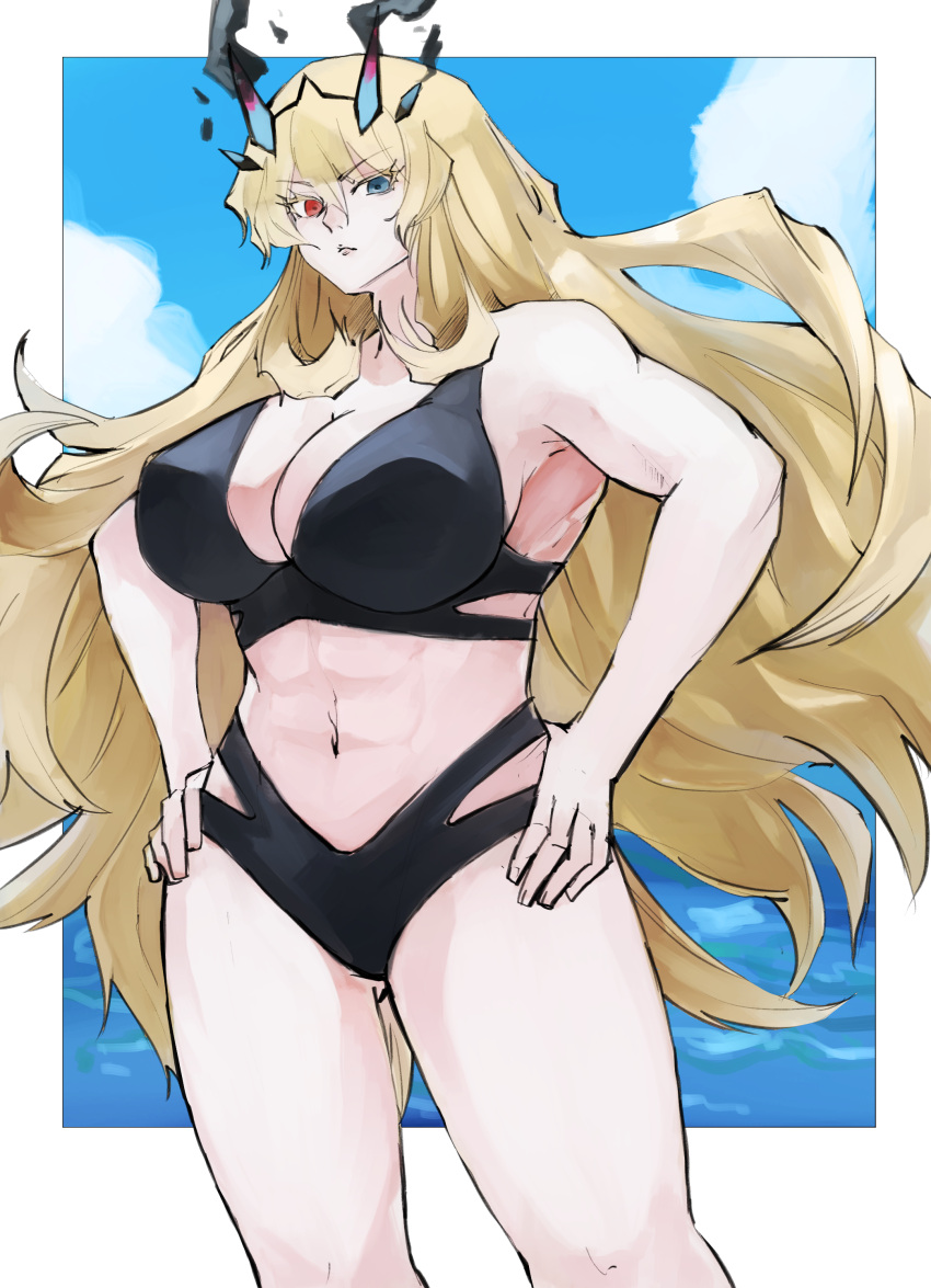 1girl, absurdres, bikini, black_bikini, blonde_hair, fairy_knight_gawain_(fate), fate/grand_order, fate_(series)