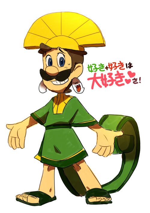 1boy, alternate_color, alternate_costume, big_nose, blue_eyes, boo_(mario), brown_hair, commentary_request, cosplay, earrings, facial_hair, green_footwear, green_robe, grin, headpiece, heart, jewelry, kinashi, kuzco, kuzco_(cosplay), legs_apart, looking_at_viewer, luigi, male_focus, mustache, nervous, nervous_smile, robe, sandals, short_hair, short_sleeves, simple_background, sketch, smile, solo, super_mario_bros., sweat, teeth, the_emperor's_new_groove, translation_request, white_background, yellow_headwear
