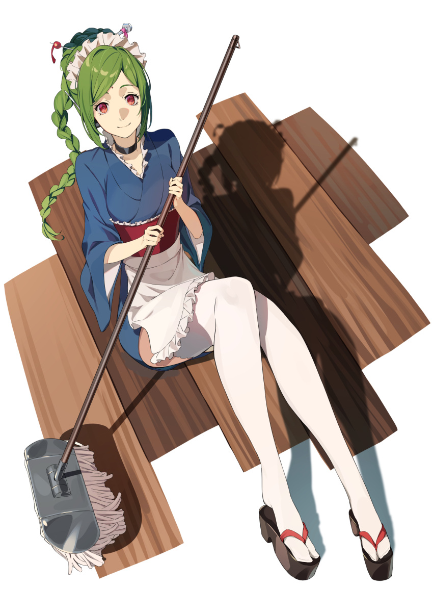 apron, braid, braided_ponytail, choker, cyborg, gintama, green_hair, hair_bun