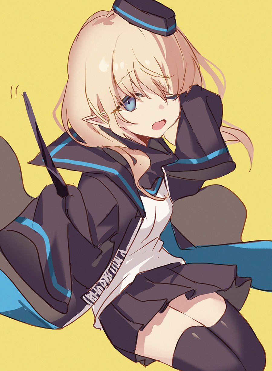 1girl, arknights, awa_iro, bangs, black_coat, black_headwear, black_legwear, black_skirt