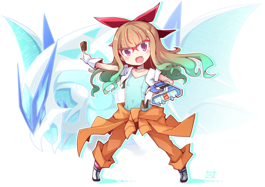 1girl, :d, bangs, between_fingers, blue_choker, blue_leotard, bluetooth_burst_dragon, blush, boots, brown_hair, card, choker, collarbone, commentary_request, covered_navel, cropped_jacket, duel_monster, glasses, gloves, gradient_hair, green_hair, hair_ribbon, head_tilt, holding, holding_card, jacket, jumpsuit, jumpsuit_around_waist, leotard, looking_at_viewer, multicolored_hair, ohdo_yuamu, open_clothes, open_jacket, orange_jumpsuit, red-framed_eyewear, red_ribbon, redhead, reku, ribbon, short_sleeves, smile, standing, streaked_hair, violet_eyes, white_footwear, white_gloves, white_jacket, yu-gi-oh!, yu-gi-oh!_go_rush!!