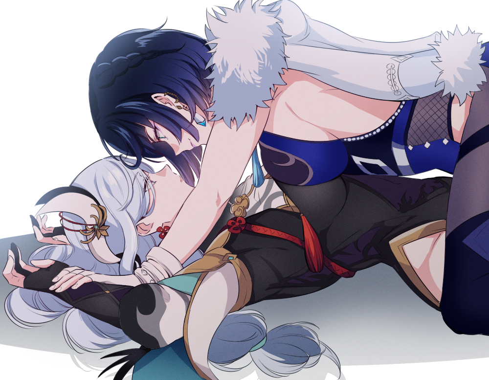 2girls, black_gloves, blue_dress, blue_hair, bodysuit, braid, braided_ponytail, breast_press