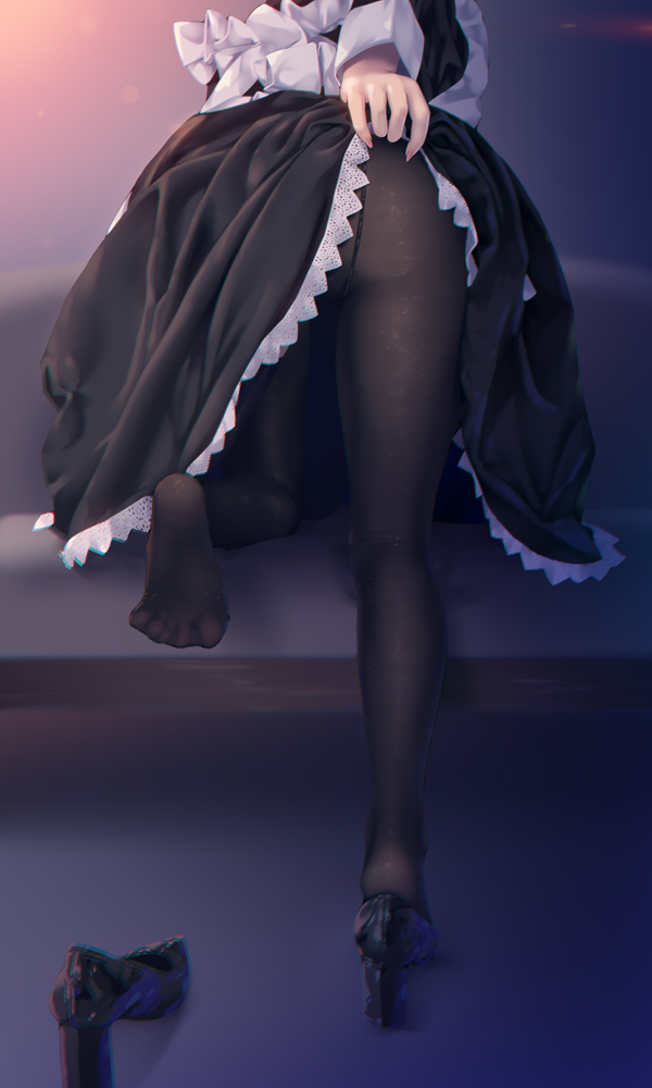a.x., apron, ass, black_footwear, black_legwear, clothes_lift, dress, dress_lift