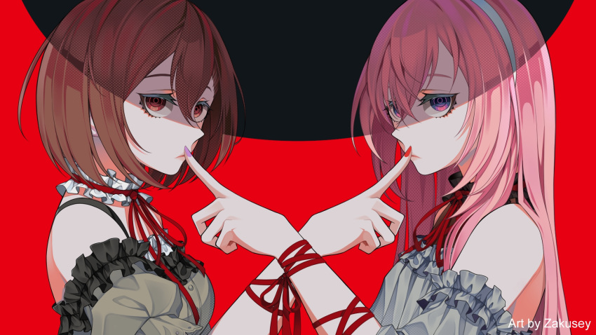 25-ji_night_code_de._(project_sekai), 2girls, bare_shoulders, brown_hair, empty_eyes, expressionless, finger_to_another's_mouth, frills
