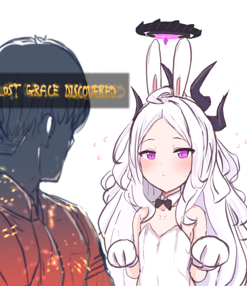 1boy, 1girl, animal_ears, animal_hands, bare_shoulders, black_bow, black_bowtie, blue_archive