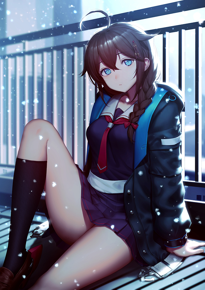1girl, ahoge, black_coat, black_legwear, black_serafuku, black_skirt, blue_eyes, braid, brown_hair, coat, commission, eatora, hair_flaps, kantai_collection, long_sleeves, miniskirt, necktie, open_clothes, open_coat, outdoors, pantyhose, pleated_skirt, red_necktie, school_uniform, serafuku, shigure_(kancolle), shigure_(kantai_collection), shigure_kai_ni_(kancolle), single_braid, sitting, skeb_commission, skirt, snowing, solo