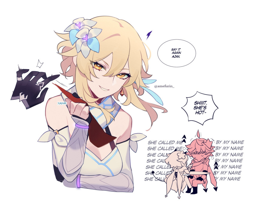1boy, 1girl, ahoge, amefurin, bangs, blonde_hair, blush, breasts