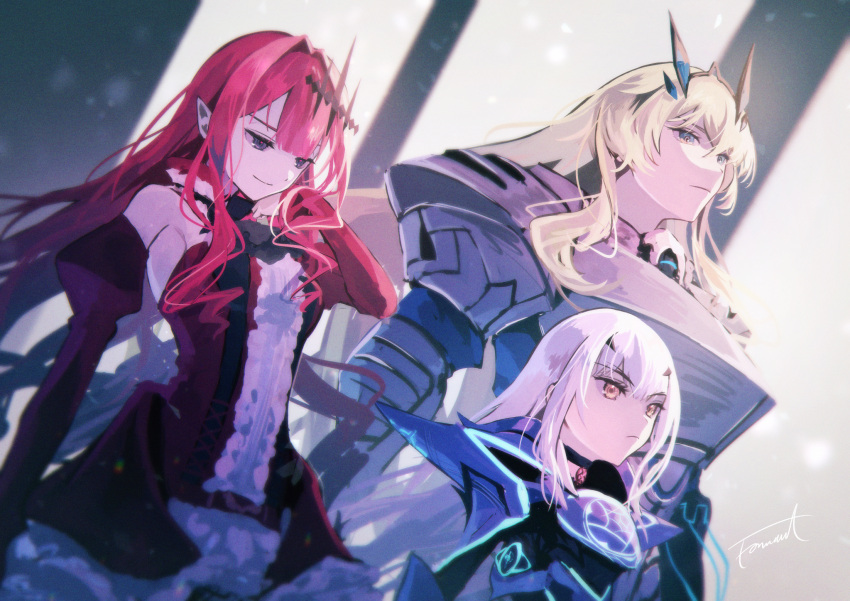 3girls, armor, armored_dress, bangs, bare_shoulders, blonde_hair, blue_armor, blue_dress