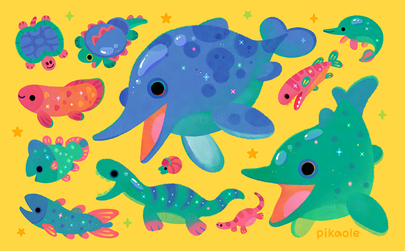 animal, animal_focus, artist_name, black_eyes, blue_eyes, closed_mouth, commentary, dinosaur, english_commentary, fins, from_side, ichthyosaur, no_humans, open_mouth, original, pikaole, reptile, simple_background, smile, solid_circle_eyes, star_(symbol), tail_fin, teeth, turtle, watermark, yellow_background