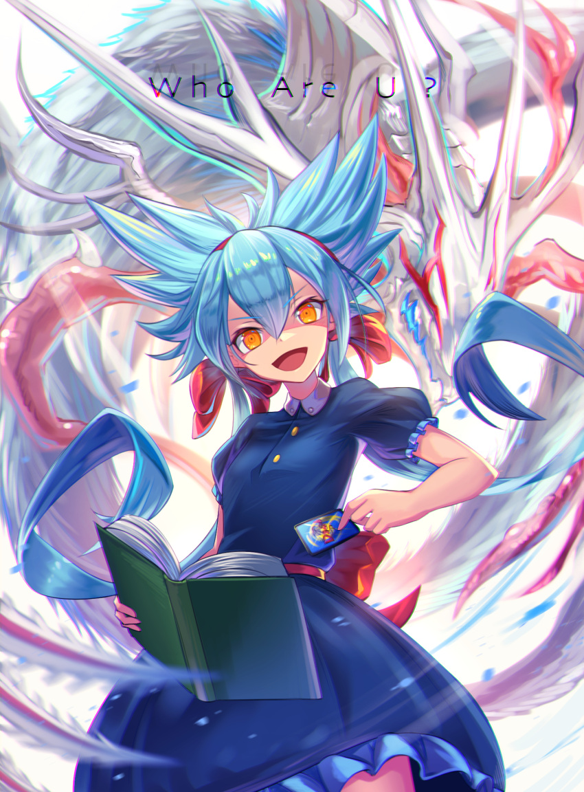 1girl, blue_dress, blue_hair, book, bow, card, character_request, chromatic_aberration, commentary_request, dragon, dress, duel_masters, english_text, fua_yuu_(duel_masters), hair_between_eyes, hair_bow, hair_ribbon, highres, holding, holding_book, holding_card, kenko_(a143016), long_hair, looking_at_viewer, orange_eyes, puffy_short_sleeves, puffy_sleeves, ribbon, short_sleeves, smile, solo, twintails, white_background
