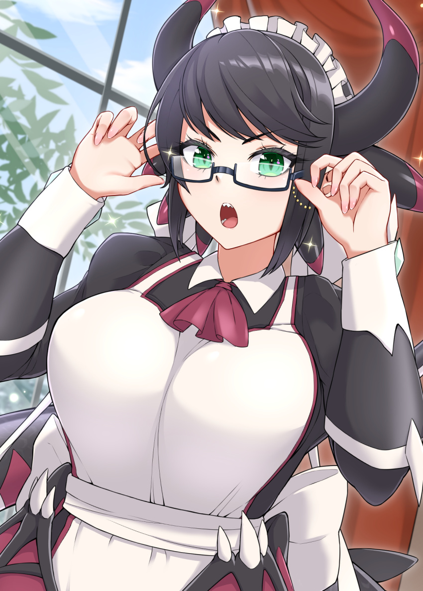 1girl, apron, bangs, black_hair, breasts, dragon_girl, dragon_horns, duel_monster