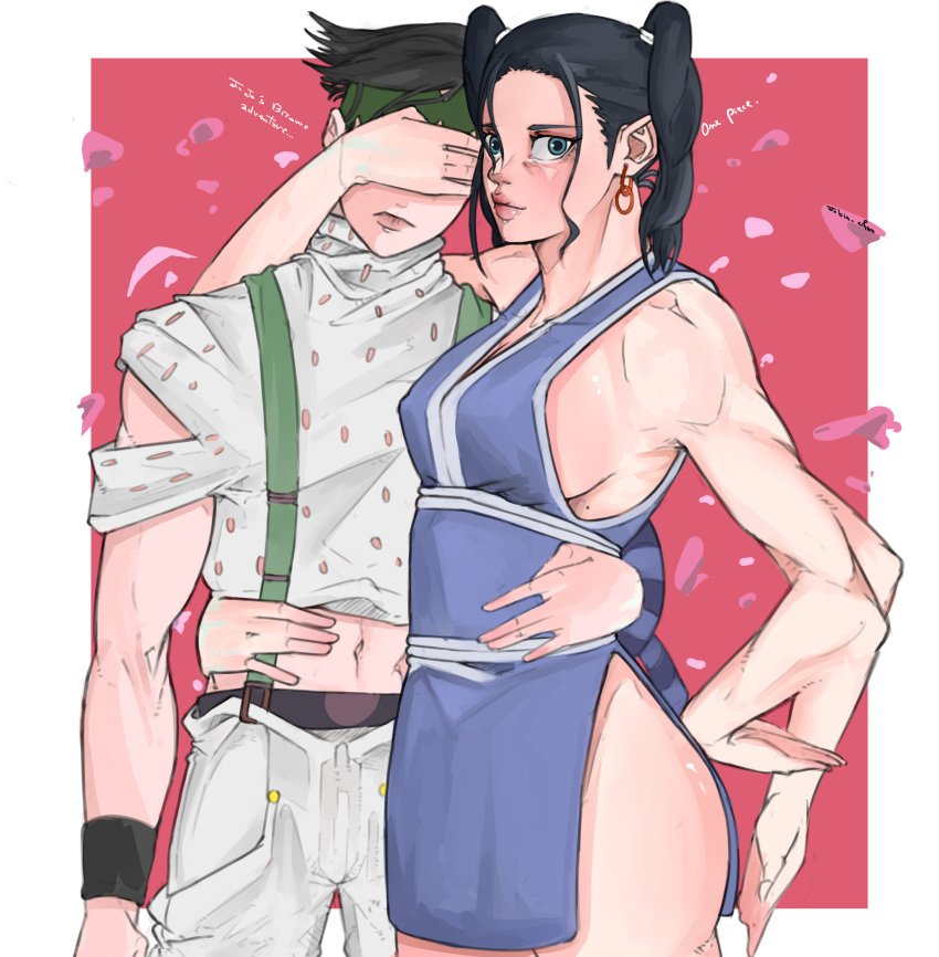 1boy, 1girl, absurdres, ass_visible_through_thighs, breasts, crossover, detached_sleeves, highres, jojo_no_kimyou_na_bouken, large_breasts, long_hair, luisser93591107, ponytail, rohan_kishibae, thick_thighs, thigh-highs, thighs