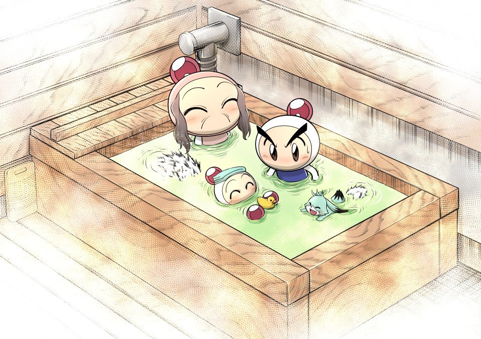 1girl, 2boys, ^_^, bath, bathing, blue_leotard, blush, bodysuit