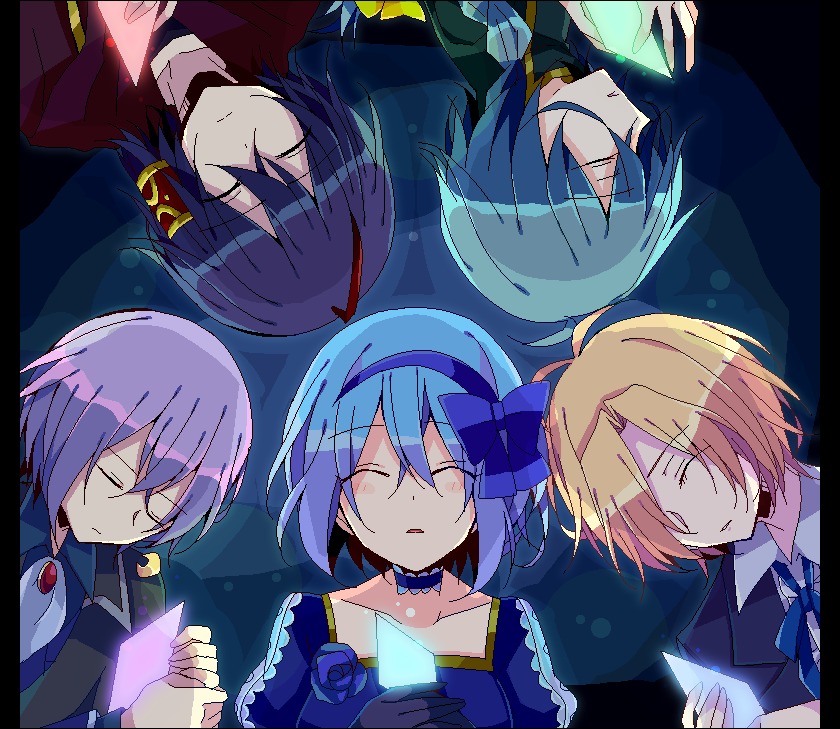1girl, 4boys, ahoge, antenna_hair, aqua_hair, ascot, ashe_bradley, bangs